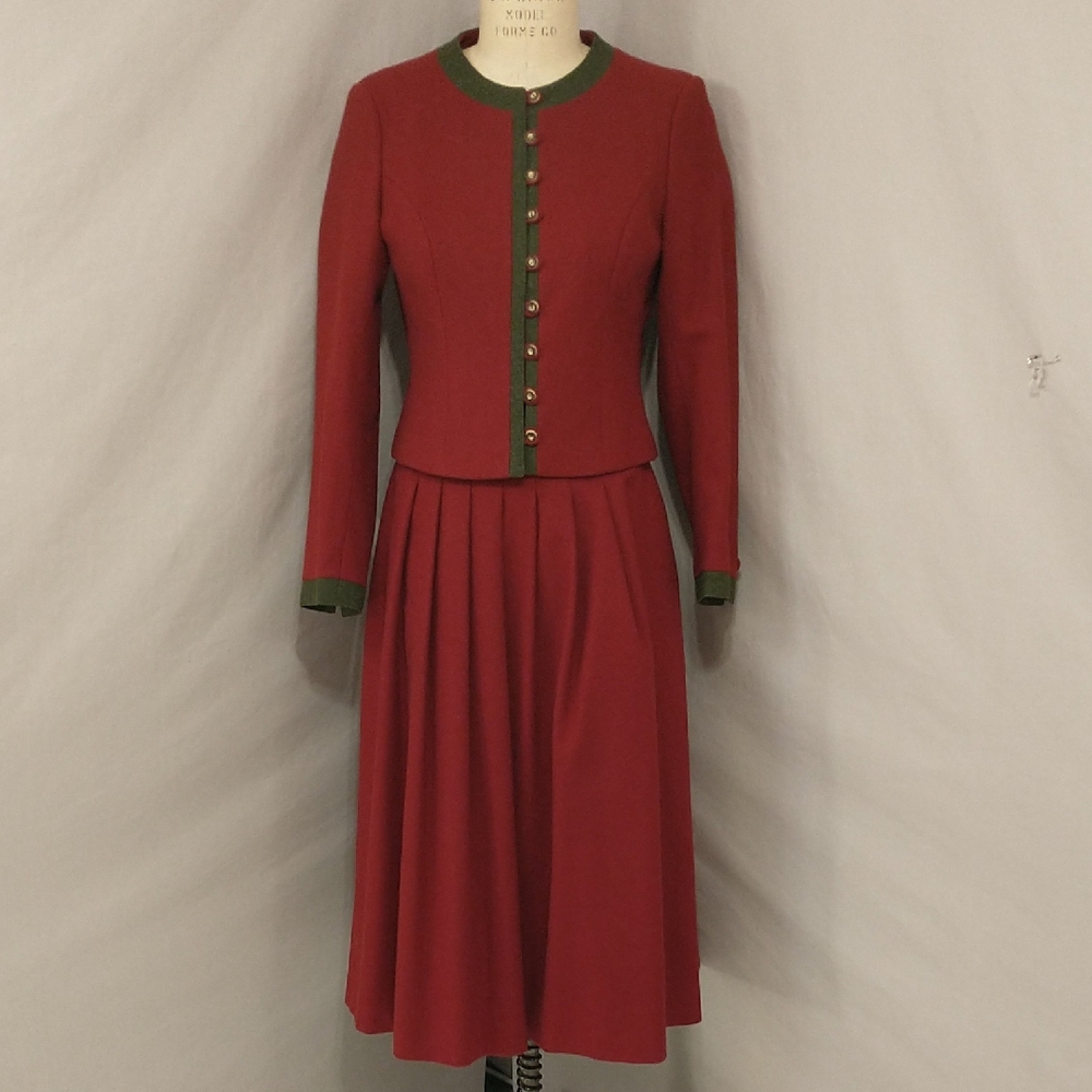 Austria Baur Loden Skirt Set Wool Jacket Burgundy Dirndl Ecke Maroon 40 Moth Dam